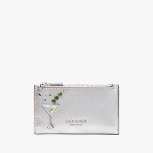 🍸 Kate Spade Martini Metallic Silver Shaken not Stirred Slim Bifold Wallet NWT